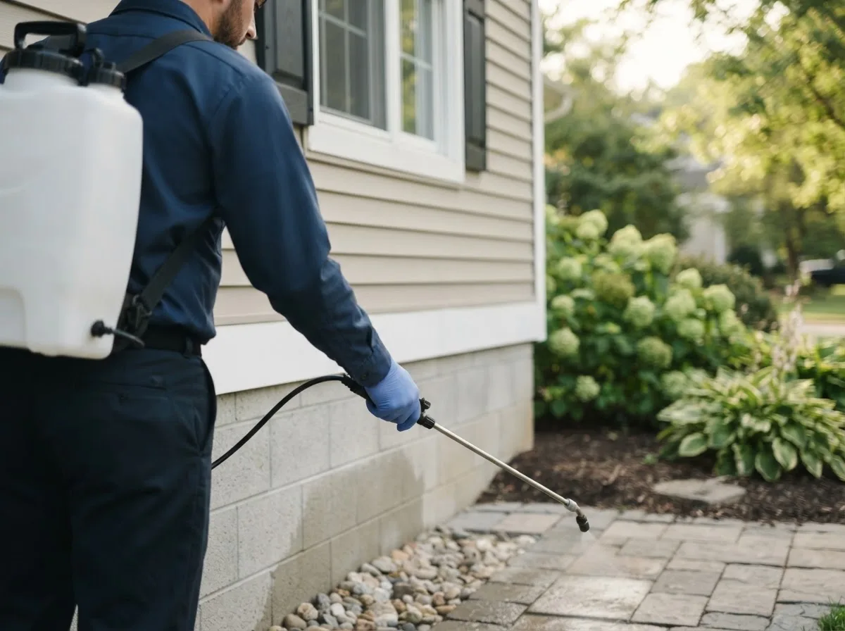 Pest control technician inspecting a home in Lisbon, IA